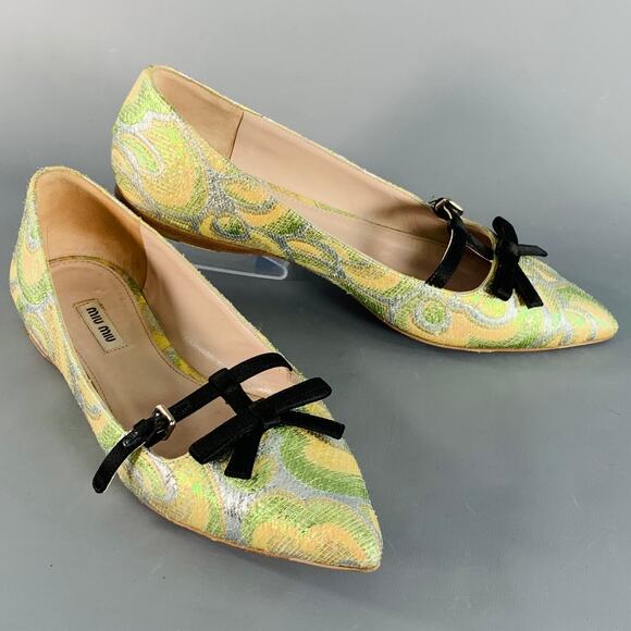 MIU MIU Size 8.5 Green Silver Paisley Textured Pointed Toe Bow Flats - Picture 1 of 8